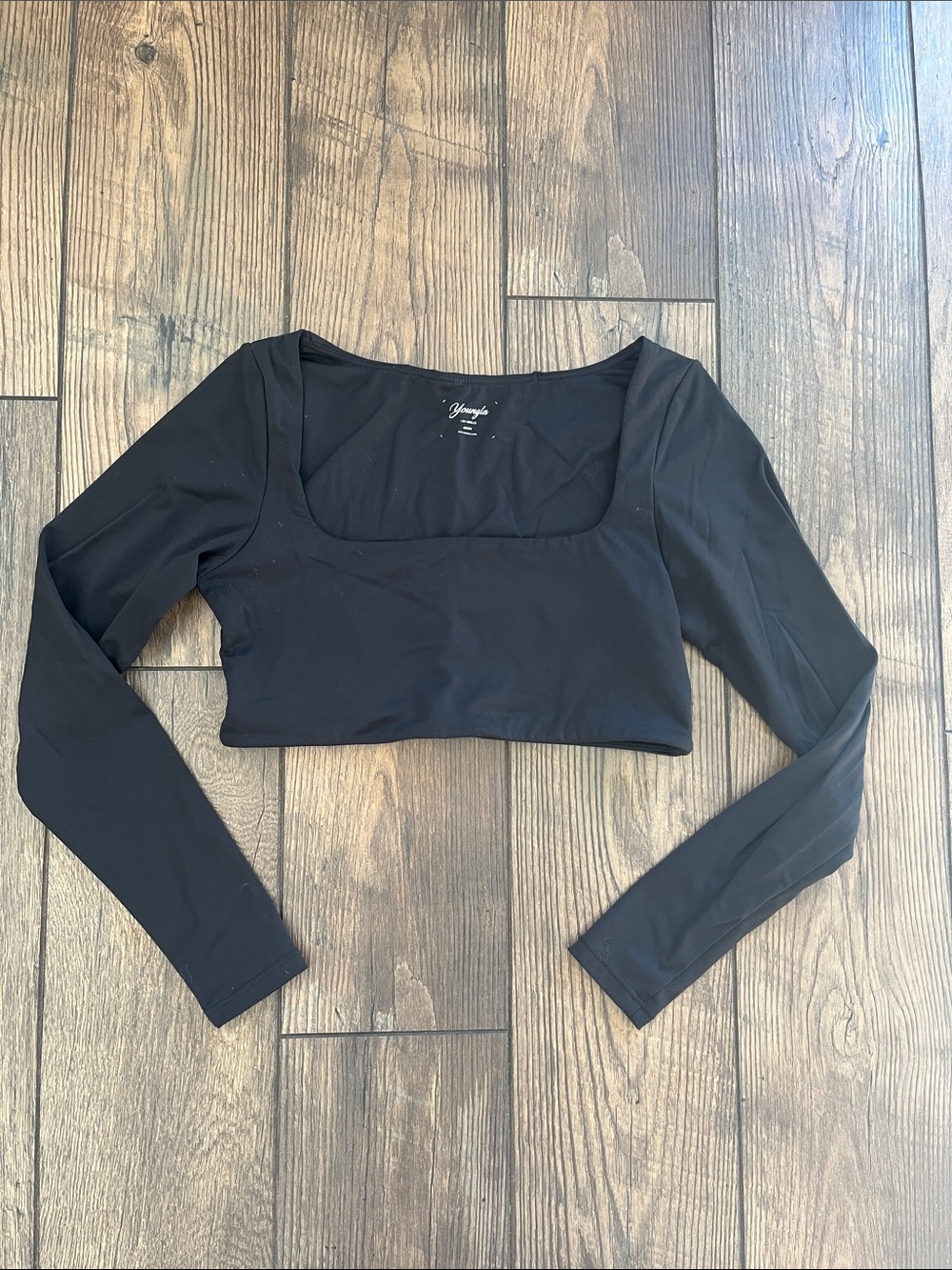 Young LA Black Long Sleeve Square Neck Crop Top